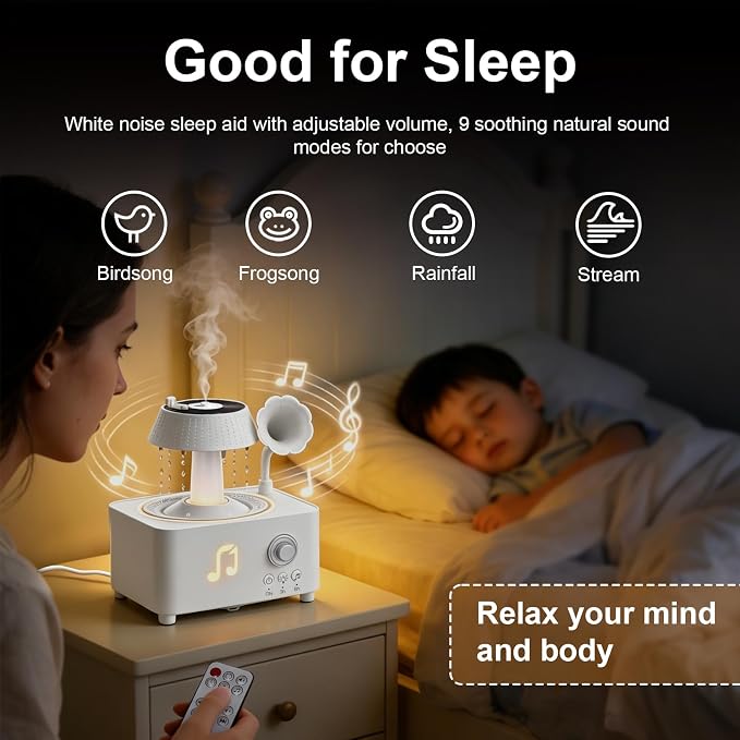 Morbou Raindrop Aroma Diffuser Room Humidifier with White Noise, 7-Color Air Mist Essential Oil Diffuser Sleep Sounds Aroma Rain Drop, with Remote Control (White)