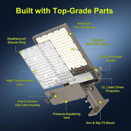 480V LED Parking Lot Light 360W/288W/216W, 3000K 4000K 5000K Adjustable 54000LM 0-10V Dimmable with Photocell, ETL Listed Shoebox Pole Lights Outdoor Arm & Slip Fitter Mount, AC277-480V