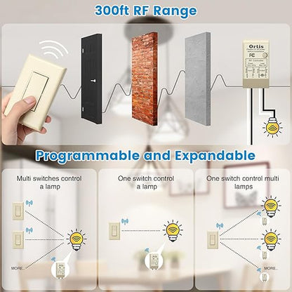 Wireless Light Switch and Receiver Kit, Ortis 300ft RF Range Wireless Wall Switches for Lights, Fans, Battery Included, No Wiring Needed, Light Almond