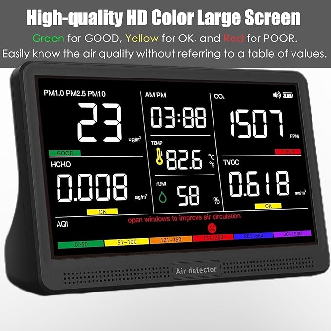 Prefessionall Indoor Air Quality Monitor with 7X AQI Beep Alarms,16 in 1 Portable Real-Time Detector for PM2.5 | PM10 | CO2 | TVOC | HCHO | Temp | Hum for Home Cars Plants Pets (Obsidian Black)