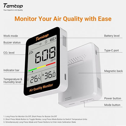 Temtop CO2 Monitor Indoor air Quality Monitor Portable CO2 Meter, CO2, Temperature, Humidity Home, Office or School