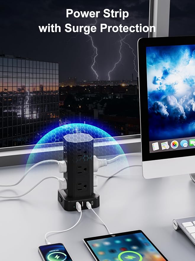 Power Strip Tower Surge Protector, 10FT Flat Plug Extension Cord with Multiple Outlets, 12 AC Outlets 4 USB (2 USB C), Desktop Surge Protection Tower for Home Office Dorm Room, Black