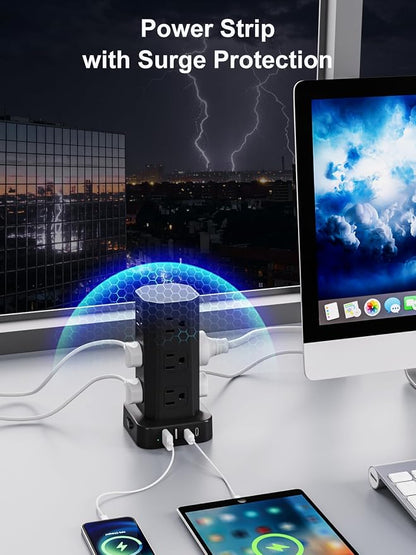 Power Strip Tower Surge Protector, 10FT Flat Plug Extension Cord with Multiple Outlets, 12 AC Outlets 4 USB (2 USB C), Desktop Surge Protection Tower for Home Office Dorm Room, Black