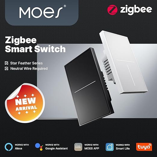 MOES Full Touch Smart Switch, ZigBee SF(Star Feather 2026 Version) Wall Light Switch, Neutral Wire Required, Anti-Glare Panel,Work with Smart Life/Tuya App, Alexa and Google Home White 3 Gang