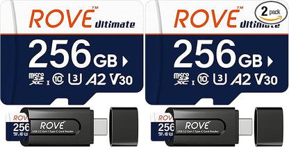 ROVE Ultimate Micro SD Card microSDXC 256GB Memory Card with USB 3.2 Type C Card Reader 170MB/s C10, U3, V30, 4K, A2 for Dash Cam, Android Smart Phones, Tablets, Games (Pack of 2)