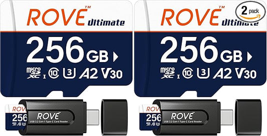 ROVE Ultimate Micro SD Card microSDXC 256GB Memory Card with USB 3.2 Type C Card Reader 170MB/s C10, U3, V30, 4K, A2 for Dash Cam, Android Smart Phones, Tablets, Games (Pack of 2)