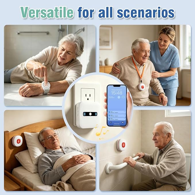 DAYTECH WiFi Caregiver Call Button Calls Phone, 1Button 1 Wrist 2 Receiver | Emergency Button for Seniors with App Alert, 2.4GHz WiFi Only, Senior Alarm Home Care, Bedside Bathroom Use