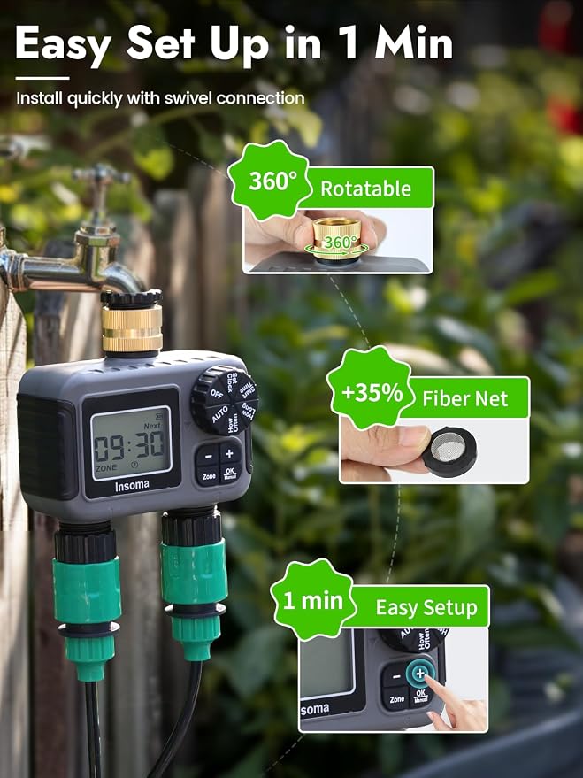 Insoma 2-Zone Water Timer for Garden Hose, Brass Inlet Sprinkler Timer | 2 Independent Zones, Auto/Manual/Rain Delay Modes, IP55 Waterproof Hose Timer, Easy Programmable Schedules for Lawn/Yard