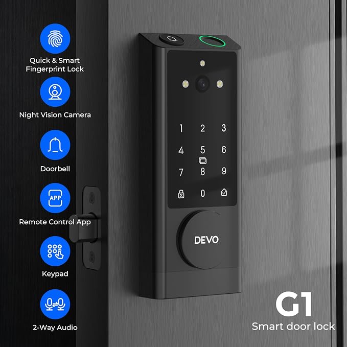 DEVO G1 Keyless Entry Deadbolt Smart Lock with Camera, Doorbell,Fingerprint
