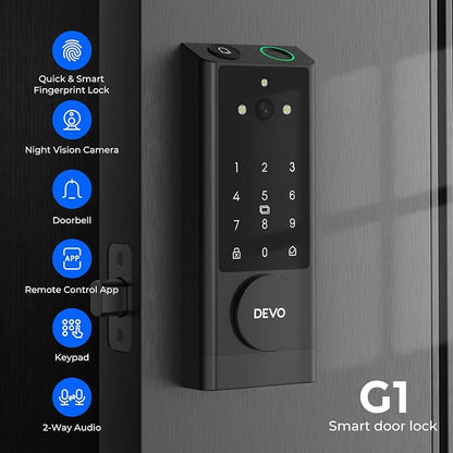 DEVO G1 Keyless Entry Deadbolt Smart Lock with Camera, Doorbell,Fingerprint