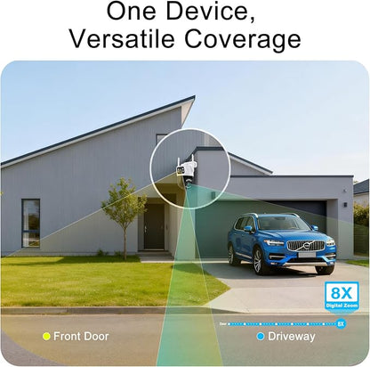 Outdoor Camera 3 Lens, 8X Hybrid Zoom WiFi Security Cameras Wired 24/7 Recording, Pan/Tilt 360°View Auto Tracking, Free AI Detection, Color Night Vision, 2 Way Audio, 32GB Local Storage