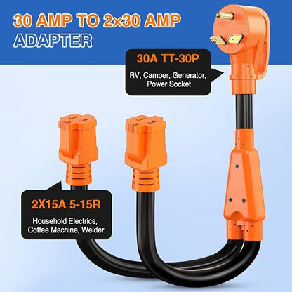 Nilight 30Amp to 15 Amp RV Y Splitter Adapter Cord 10 AWG NEMA TT-30P 5-15R