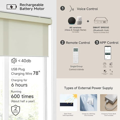Motorized Light Filtering Roller Shades with Remote Control, Electric Smart Shades Compatible with Alexa and Google, Rechargeable, Customizable Size (Light Beige)