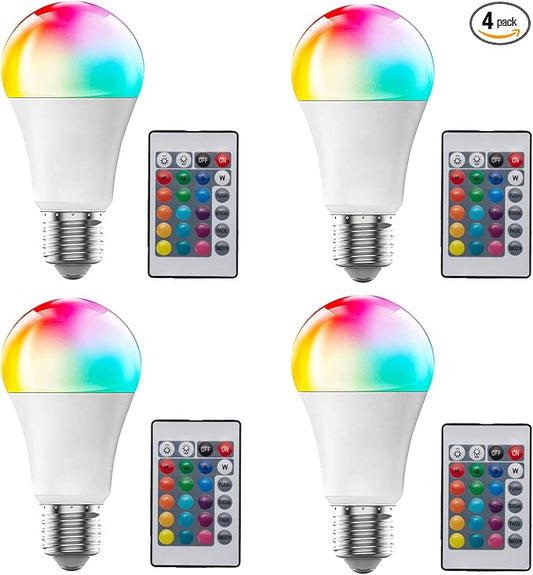 RGB LED Light Bulbs,4PCS Color Changing Light Bulb,5W 450LM A19 E27/E26 6500K White,16 Color Choices,Dimmable Multicolor Memory Remote Control Light Bulbs for Bedroom Indoor Party