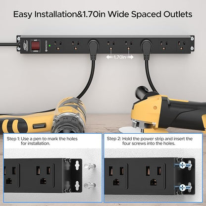 CRST 2 Pack 8 Outlet Metal Heavy Duty Power Strip with Switch, 2100J Surge Protector, Mountable Wide Spaced Power Strip, 6 FT 14AWG, 15A/1875W