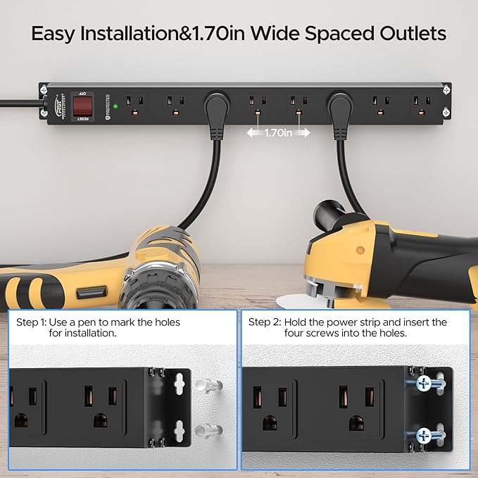 CRST 8 Outlet Metal Heavy Duty Power Strip, 2100J Surge Protector with 6FT Cord, 15A/1875W Wide Spaced Mountable Industrial Power Strip for Garage/Workshop/Office