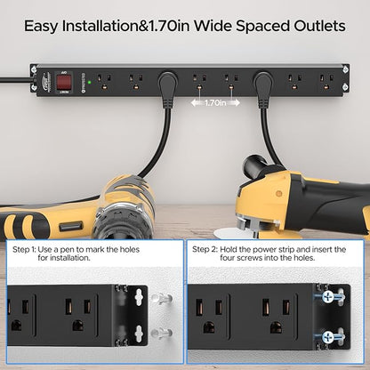 CRST 8 Outlet Metal Heavy Duty Power Strip, 2100J Surge Protector with 6FT Cord, 15A/1875W Wide Spaced Mountable Industrial Power Strip for Garage/Workshop/Office