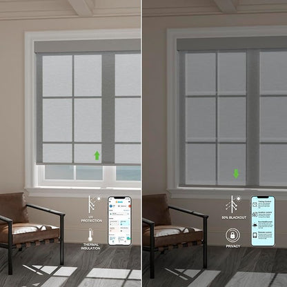 Motorized Blinds with Remote [Light Filtering] Smart Blinds Compatible with Alexa Google HomeKit, 70% Blackout Automatic Roller Shades for Indoor Windows, Customized Size, Linear Silver