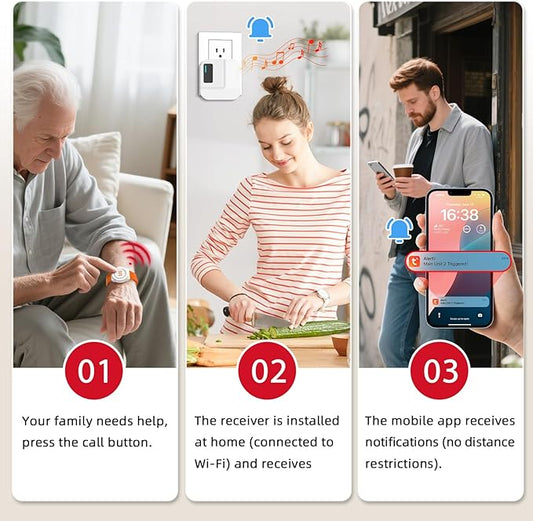 CallToU Wi-Fi Wireless Caregiver Pager Call Button for Elderly at Home , APP Emergency Alert for Seniors, Patients, and the Disabled with 1 Call Button, 1 Watch Button, 1 Receiver (2.4GHz Wi-Fi)