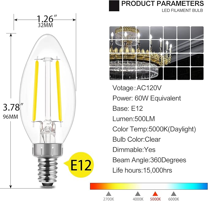 E ENERGETIC LIGHTING LED Candelabra Light Bulbs B10, Daylight 5000K, E12 Base, 60 Watt Equivalent Chandelier LED Edison Bulbs, Dimmable, 8 Pack