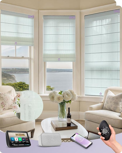 Graywind Smart Natural Roman Shades Compatible with Alexa Google Rechargeable Light Filtering Motorized Blinds with Remote Plain Fold for Doors Bedroom, Custom Size (Strip White)