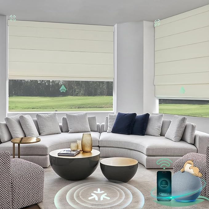Yoolax Motorized Matter Roman Shades Light Filtering Smart Blinds for Windows Compatible with Alexa, Google Home, Homekit, Automatic Roman Shades with Remote Customized (Woven Beige)