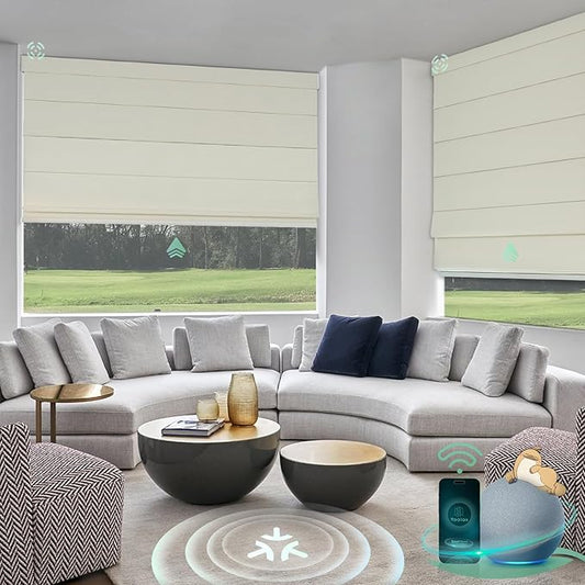 Yoolax Motorized Matter Roman Shades Light Filtering Smart Blinds for Windows Compatible with Alexa, Google Home, Homekit, Automatic Roman Shades with Remote Customized (Woven Beige)