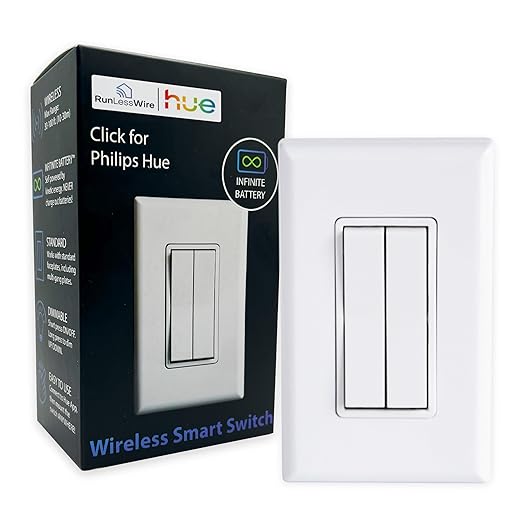 RunLessWire Click for Philips Hue – Battery-Free Wireless Smart Light Switch, 30ft Range – Works Natively with Philips Hue Bridge – Wall Mount Kinetic Switch - Decora Style, White
