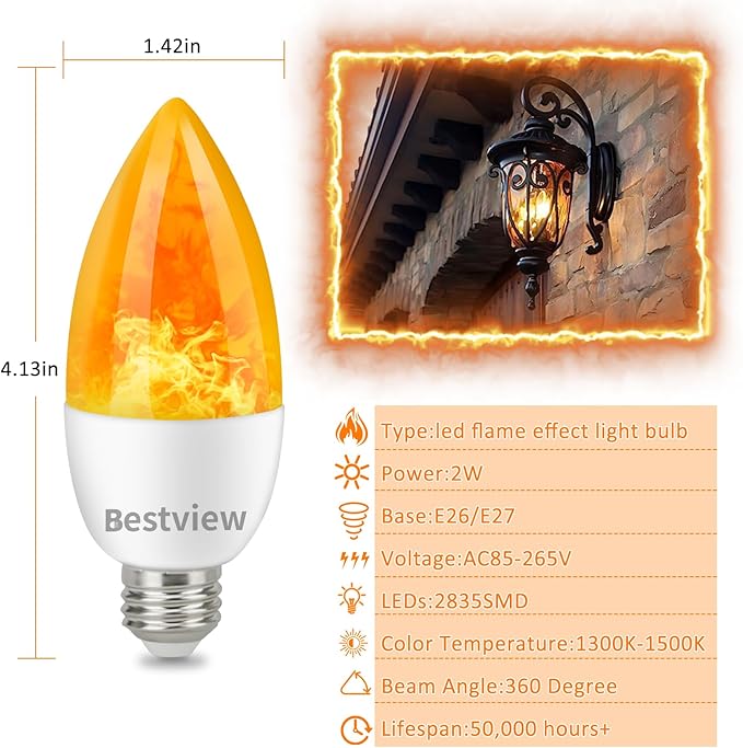 Bestview Flickering Light Bulbs,3 Modes Led Flame Effect Light Bulbs, Smart E26/E27 Chandelier Base Candle Fire Light Bulb for Halloween, Christmas,Party, Porch, Indoor&Outdoor Home Decoration-6 Pack