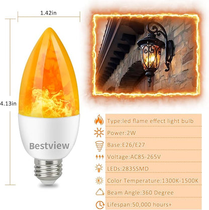 Bestview Flickering Light Bulbs,3 Modes Led Flame Effect Light Bulbs, Smart E26/E27 Chandelier Base Candle Fire Light Bulb for Halloween, Christmas,Party, Porch, Indoor&Outdoor Home Decoration-6 Pack