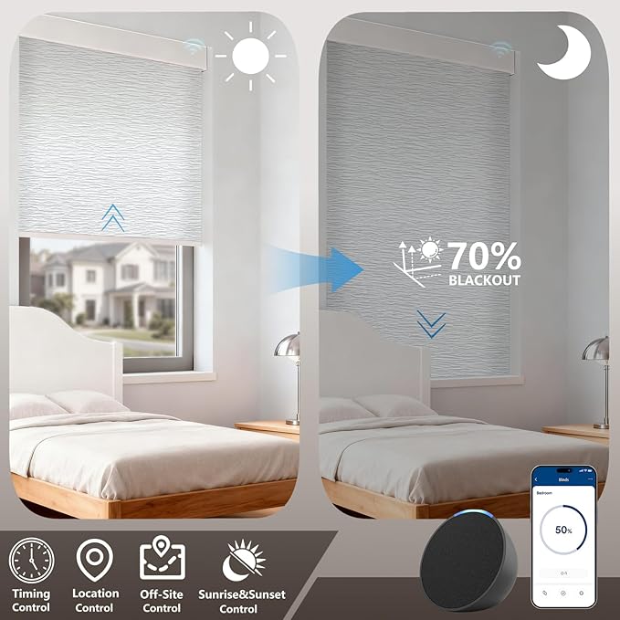 Motorized Light Filtering Roller Shades – Smart Electric Blinds for Living Room, Alexa Google Home Siri, Matter Compatible, Custom Window Shades, Cordless Rechargeable