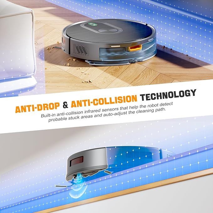 Robot Vacuum and Mop Combo, 6500Pa Strong Suction, 2 in 1 Robotic Vacuum with Gyro Inertial Navigation, 200 Min Runtime, App/Wi-Fi/Voice Control, Slim, for Pet Hair, Hard Floor, Carpet