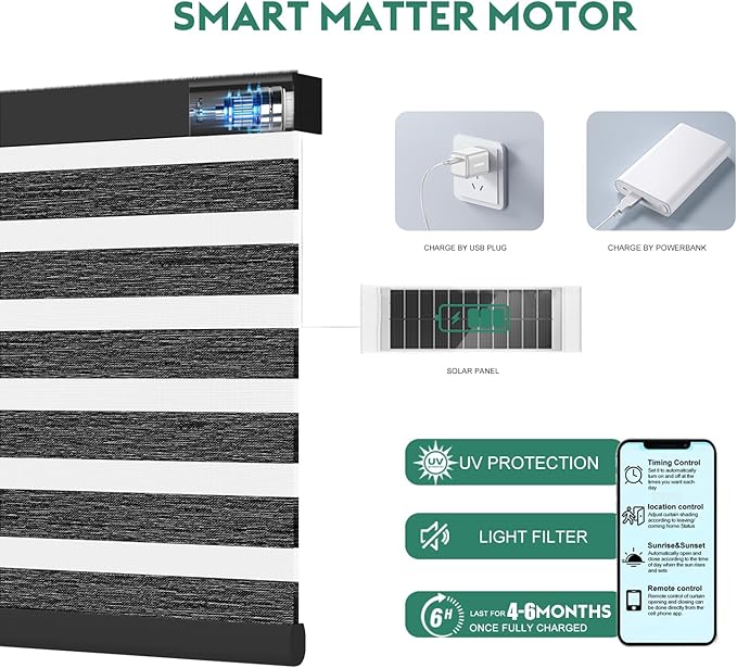 Motorized Zebra Blinds with Remote [Dual Layer + Light Filtering] 90% Blackout Smart Shades for Indoor Windows, Alexa Google and HomeKit Compatible, Customized Size, Shadow Smoke