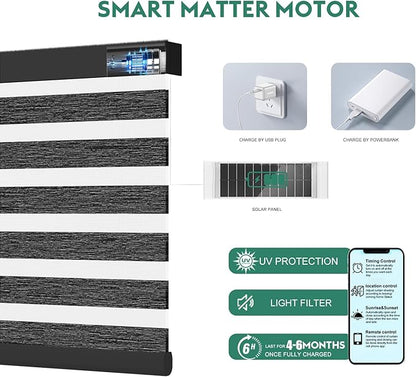 Motorized Zebra Blinds with Remote [Dual Layer + Light Filtering] 90% Blackout Smart Shades for Indoor Windows, Alexa Google and HomeKit Compatible, Customized Size, Shadow Smoke