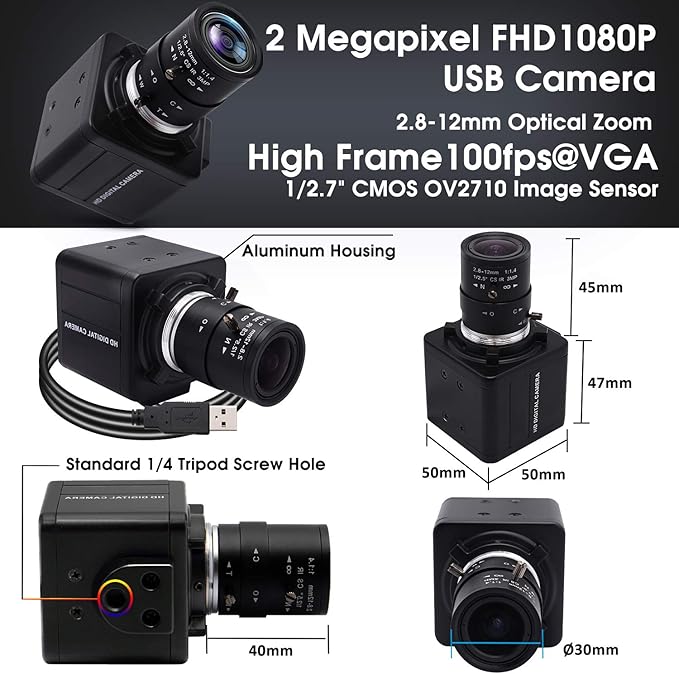 SVPRO USB Camera with Zoom 2.8-12mm Varifocal Lens Webcam CMOS OV2710 High Frame Rate 100fps USB with Camera Full HD 1080P Mini Camera UVC Compliant for Laptop/Desktop,Drive Free Web Camera