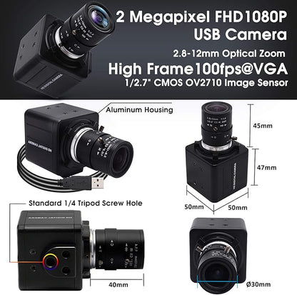 SVPRO USB Camera with Zoom 2.8-12mm Varifocal Lens Webcam CMOS OV2710 High Frame Rate 100fps USB with Camera Full HD 1080P Mini Camera UVC Compliant for Laptop/Desktop,Drive Free Web Camera