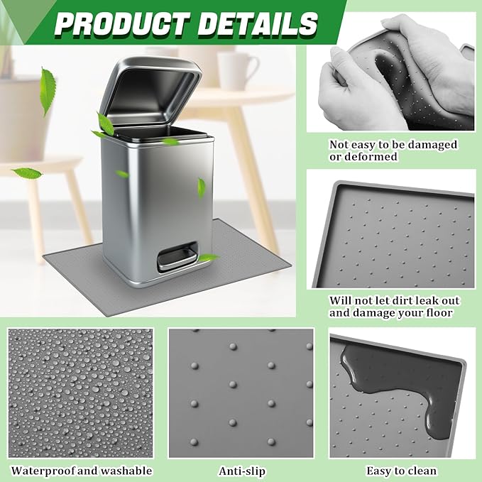 Tinideya Waterproof Trash Can Mat with Raised Edge Non Slip Under Garbage Mat Trash Can Pads Protective Silicone Rubber Tray for Kitchen to Avoid Spills Floor Scratches(Gray,11.8" X 18.9")