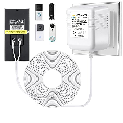 XZGm18V500MA doorbell Power Adapter, Video doorbell Special Power Transformer, Compatible with Ring, Nest, Eufy, Wyze, Arlo Wireless Video doorbell (with 196in Cable White)