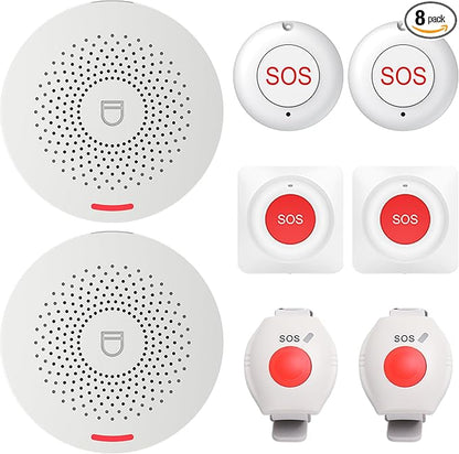 XUK WiFi SOS Caregiver Pager Call Button for Elderly, No Monthly Fee 2.4GHz Wi-Fi APP Control Wireless Nursing Call System with 2 SOS Call Panic Buttons & 2 Watch Pagers & 2 Square Pull Cord Pagers