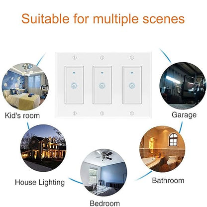 KKCOOL Smart Switch 3 Gang, Smart WIFI Light Switch, Compatible with Alexa Google Home and IFTTT, Voice and Remote Control, No Hub Required, Single-Pole Only