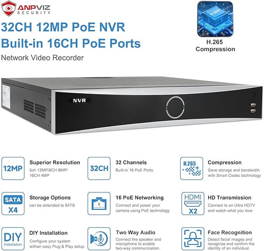 Anpviz 32 Channel 4K 12MP PoE NVR with 16 PoE Ports & 2 HDMI - Supports 32x12MP IP Camera, 4 SATA up to 64TB, Facial Recognition & VCA 32CH H.265+ Network Video Recorder for Business (No HDD) H Series
