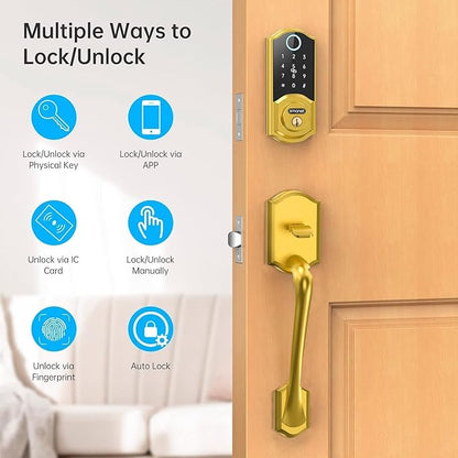 SMONET Smart Lock Front Door with Handle, Keyless Entry Door Lock Set, Fingerprint Smart Deadbolt with App Bluetooth, Electronic Keypad Auto Lock Compatible with Alexa, Gold