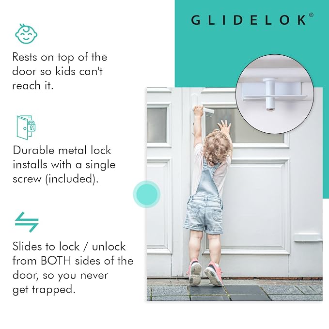 2 Pack GlideLok Child Safety Door Top Lock | for Toddler Childproofing | Opens From Both Sides | Measure Door First to Ensure Proper Fit | Drilling Into Door Frame Required | Screw Included