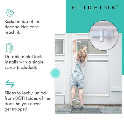 2 Pack GlideLok Child Safety Door Top Lock | for Toddler Childproofing | Opens From Both Sides | Measure Door First to Ensure Proper Fit | Drilling Into Door Frame Required | Screw Included