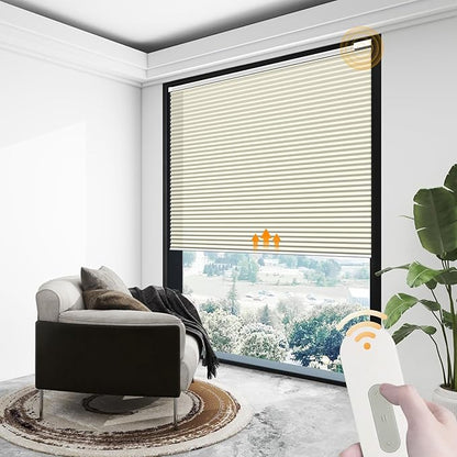 Motorized Cellular Shades Cordless Light Filtering Rechargeable Window Curtains with Remote for Privacy Protection Smart Electric Automatic Honeycomb Blinds for Windows, Custom Size, Beige