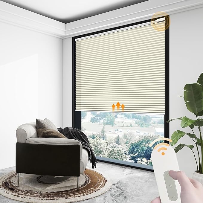 Motorized Cellular Shades Cordless Light Filtering Rechargeable Window Curtains with Remote for Privacy Protection Smart Home Electric Automatic Honeycomb Blinds for Windows, 46" x 48", Beige