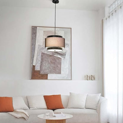 Globe Electric 61189 2-Light Pendant Light Fixture, Matte Black, Linen Outer Shade, Fabric Cord, Dining Room Fixture, Kitchen Island Lighting, Living Room Pendant Light, Hanging Lights for Bedroom