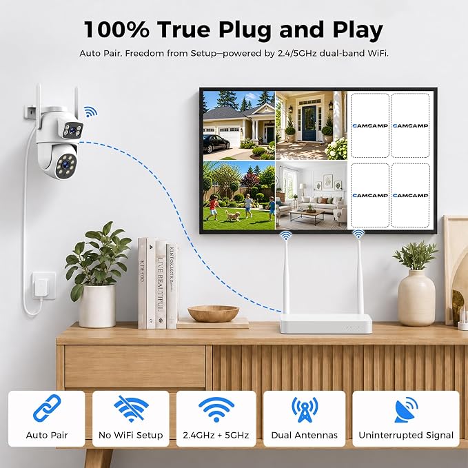 Camcamp Home Security Camera System Wireless Outdoor, 4 Dual Lens Cameras | PTZ auto tracking,10CH NVR,500GB HDD,24/7 recording,no monthly fee,color night vision,2-way audio,IP66 weatherproof
