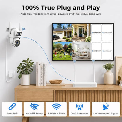 Camcamp Home Security Camera System Wireless Outdoor, 4 Dual Lens Cameras | PTZ auto tracking,10CH NVR,500GB HDD,24/7 recording,no monthly fee,color night vision,2-way audio,IP66 weatherproof