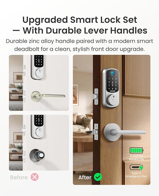 DESLOC B200 Fingerprint Smart Lock with 2 Lever Handles, Keyless Entry Front Door Lock Set, Electronic Keypad Deadbolt, App Control, Auto Lock, Long Battery Life,Silver